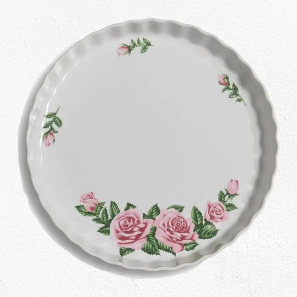Vintage White Pink Rose Floral Beveled Porcelain 9.5in Quiche Tart 1980s Pie Pan